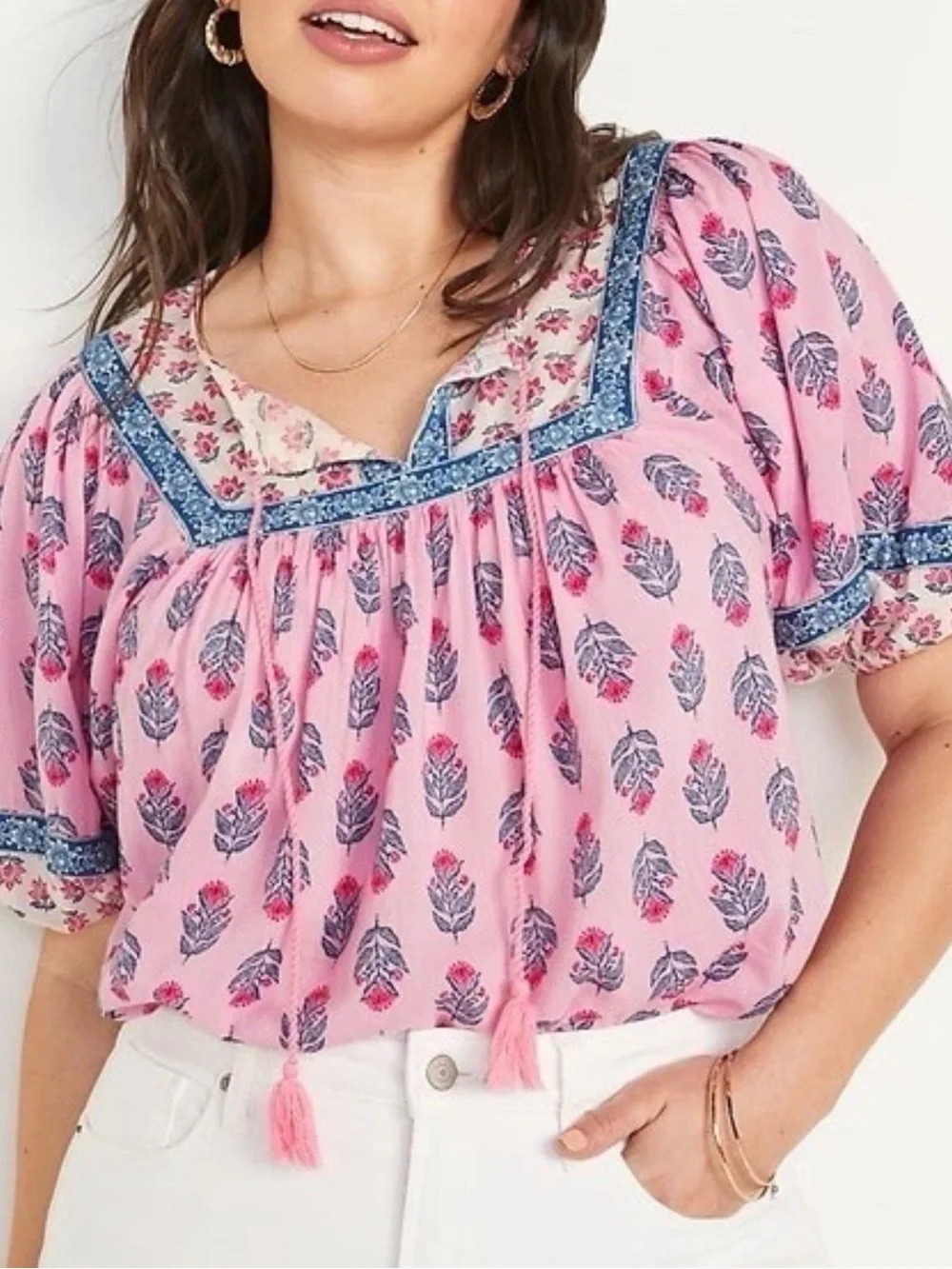 Old Navy Pink Floral Peasant Blouse with Tassel Tie 2x